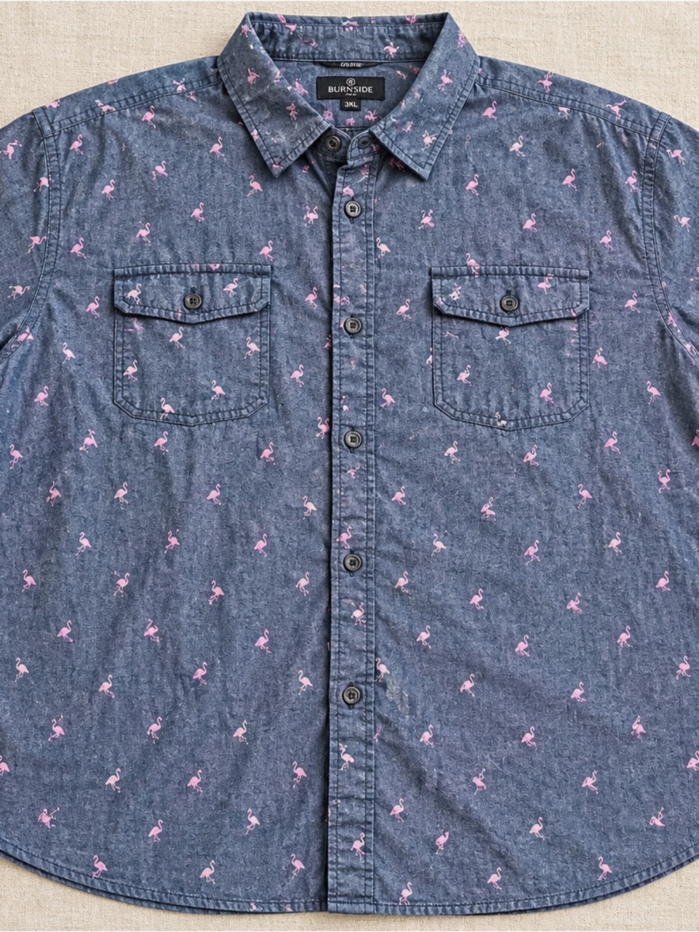 burnside Denim Button-Down Shirt with Pink Flamingo Print